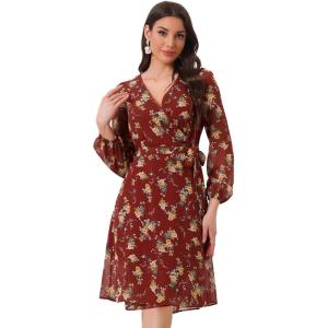 imageAllegra K Womens Chiffon Floral Sexy Deep V Neck Tie Waist Bishop Sleeve Casual Wrap Midi DressBurgundy
