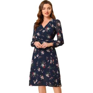 imageAllegra K Womens Chiffon Floral Sexy Deep V Neck Tie Waist Bishop Sleeve Casual Wrap Midi DressDark Blue