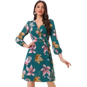 imageAllegra K Womens Chiffon Floral Sexy Deep V Neck Tie Waist Bishop Sleeve Casual Wrap Midi DressDark Green