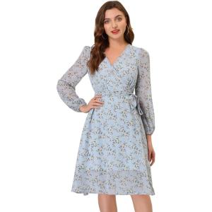 imageAllegra K Womens Chiffon Floral Sexy Deep V Neck Tie Waist Bishop Sleeve Casual Wrap Midi DressLight Blue