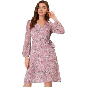 imageAllegra K Womens Chiffon Floral Sexy Deep V Neck Tie Waist Bishop Sleeve Casual Wrap Midi DressPink