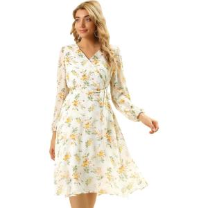 imageAllegra K Womens Chiffon Floral Sexy Deep V Neck Tie Waist Bishop Sleeve Casual Wrap Midi DressWhite