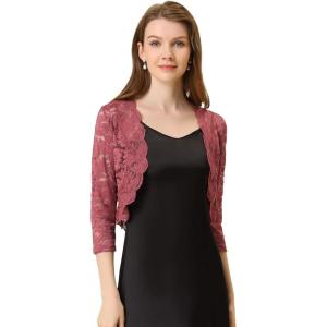 imageAllegra K Womens Elegant 34 Sleeve Sheer Floral Lace Shrug TopBrick Red