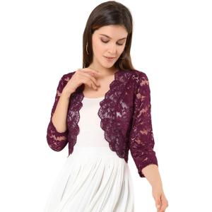 imageAllegra K Womens Elegant 34 Sleeve Sheer Floral Lace Shrug TopBurgundy