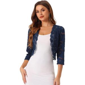 imageAllegra K Womens Elegant 34 Sleeve Sheer Floral Lace Shrug TopDark Blue