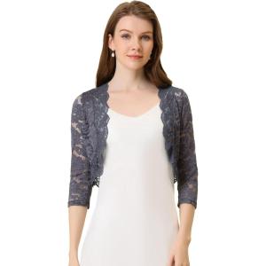imageAllegra K Womens Elegant 34 Sleeve Sheer Floral Lace Shrug TopDark Gray