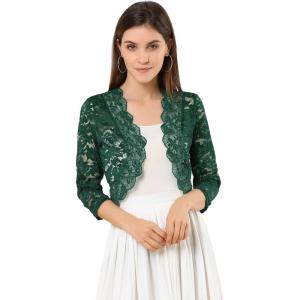 imageAllegra K Womens Elegant 34 Sleeve Sheer Floral Lace Shrug TopDark Green