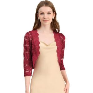 imageAllegra K Womens Elegant 34 Sleeve Sheer Floral Lace Shrug TopDark Red