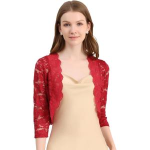 imageAllegra K Womens Elegant 34 Sleeve Sheer Floral Lace Shrug TopDeep Red