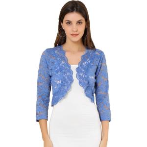 imageAllegra K Womens Elegant 34 Sleeve Sheer Floral Lace Shrug TopGray Blue