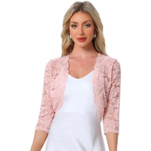 imageAllegra K Womens Elegant 34 Sleeve Sheer Floral Lace Shrug TopLight Pinks