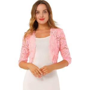 imageAllegra K Womens Elegant 34 Sleeve Sheer Floral Lace Shrug TopPinks