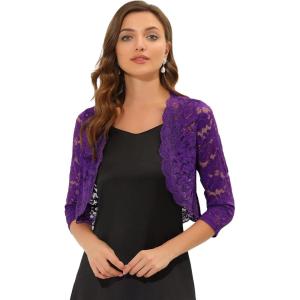 imageAllegra K Womens Elegant 34 Sleeve Sheer Floral Lace Shrug TopPurple
