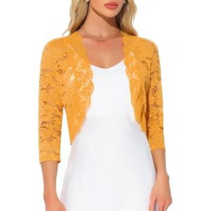 imageAllegra K Womens Elegant 34 Sleeve Sheer Floral Lace Shrug TopYellow