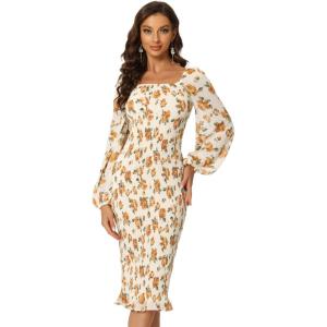 imageAllegra K Womens Floral Dresses Mermaid Square Neck Ruffle Puff Sleeve Smocked Bodycon DressBeige