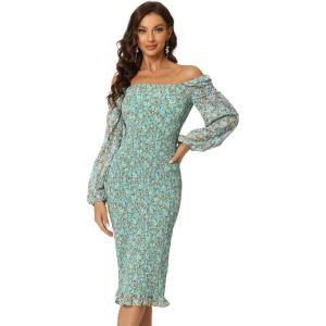 imageAllegra K Womens Floral Dresses Mermaid Square Neck Ruffle Puff Sleeve Smocked Bodycon DressLight Green