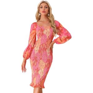 imageAllegra K Womens Floral Dresses Mermaid Square Neck Ruffle Puff Sleeve Smocked Bodycon DressPink