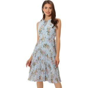 imageAllegra K Womens Floral Print Summer ALine Below Knee Length Sleeveless Pleated DressBlue