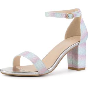 imageAllegra K Womens Gradient Glitter Heels Chunky Heels SandalsBlue Pink