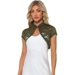 imageAllegra K Womens Lace Cardigan Stand Collar Short Elegant Shrug Open Front Cropped Bolero CardiganArmy Green