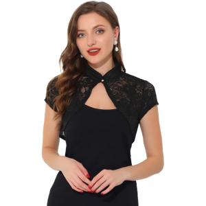 imageAllegra K Womens Lace Cardigan Stand Collar Short Elegant Shrug Open Front Cropped Bolero CardiganBlack