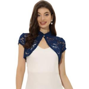 imageAllegra K Womens Lace Cardigan Stand Collar Short Elegant Shrug Open Front Cropped Bolero CardiganDark Blue