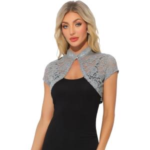 imageAllegra K Womens Lace Cardigan Stand Collar Short Elegant Shrug Open Front Cropped Bolero CardiganDark Grey