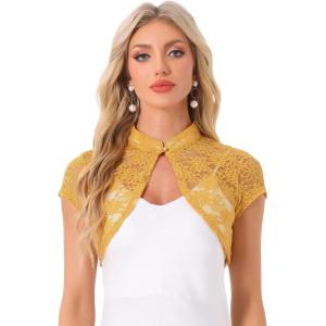 imageAllegra K Womens Lace Cardigan Stand Collar Short Elegant Shrug Open Front Cropped Bolero CardiganGinger Yellow