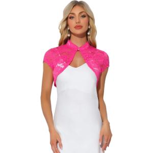 imageAllegra K Womens Lace Cardigan Stand Collar Short Elegant Shrug Open Front Cropped Bolero CardiganHot Pink