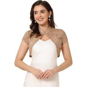 imageAllegra K Womens Lace Cardigan Stand Collar Short Elegant Shrug Open Front Cropped Bolero CardiganKhaki
