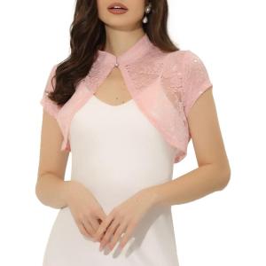 imageAllegra K Womens Lace Cardigan Stand Collar Short Elegant Shrug Open Front Cropped Bolero CardiganPink