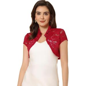 imageAllegra K Womens Lace Cardigan Stand Collar Short Elegant Shrug Open Front Cropped Bolero CardiganRed