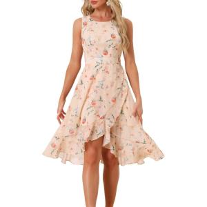 imageAllegra K Womens Summer Dresses 2025 Wrap Ruffle High Low Hem Round Neck Keyhole Back Sleeveless Floral DressApricot