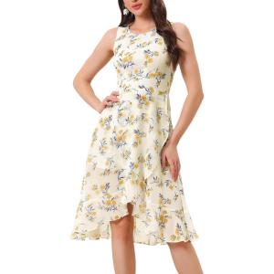 imageAllegra K Womens Summer Dresses 2025 Wrap Ruffle High Low Hem Round Neck Keyhole Back Sleeveless Floral DressBeige