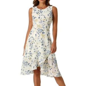 imageAllegra K Womens Summer Dresses 2025 Wrap Ruffle High Low Hem Round Neck Keyhole Back Sleeveless Floral DressBeigeblue Floral