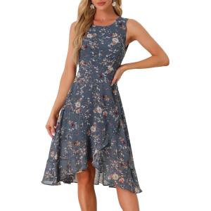 imageAllegra K Womens Summer Dresses 2025 Wrap Ruffle High Low Hem Round Neck Keyhole Back Sleeveless Floral DressBlue Grey