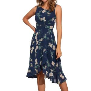 imageAllegra K Womens Summer Dresses 2025 Wrap Ruffle High Low Hem Round Neck Keyhole Back Sleeveless Floral DressDark Blue