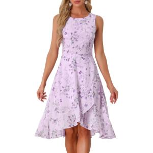 imageAllegra K Womens Summer Dresses 2025 Wrap Ruffle High Low Hem Round Neck Keyhole Back Sleeveless Floral DressPurple