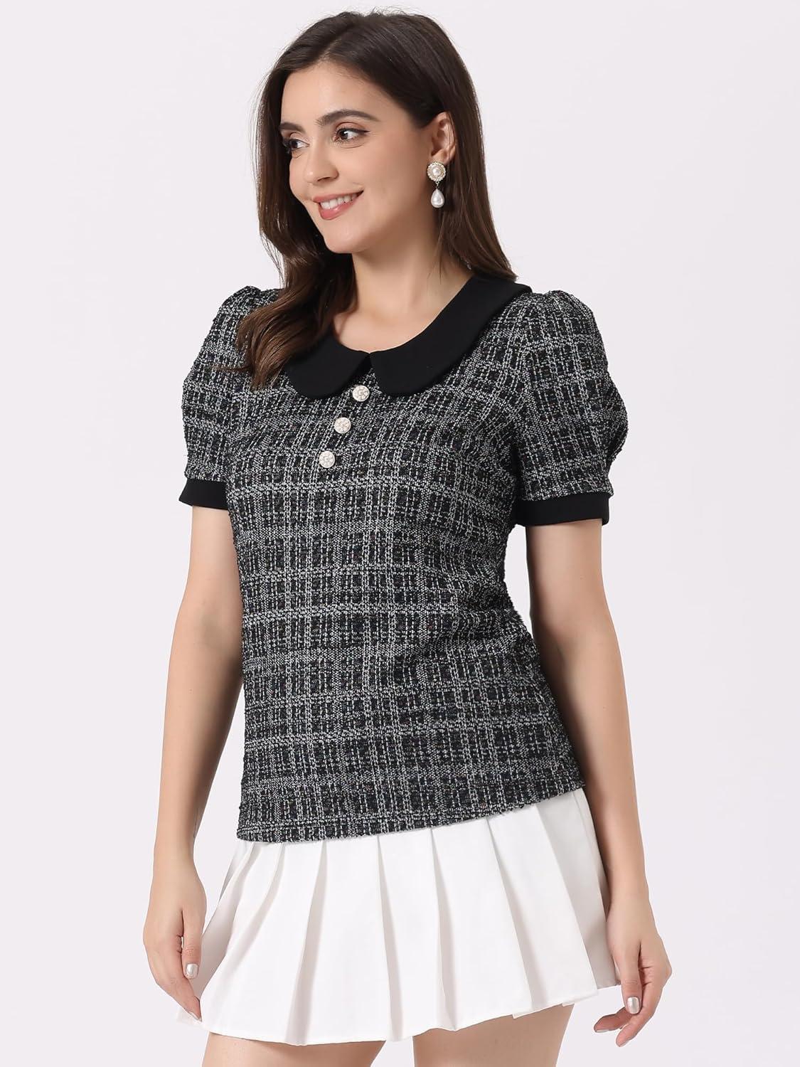 imageAllegra K Halloween Peter Pan Collar Blouse for Womens Button Decor Vintage Tweed Top ShirtBlack