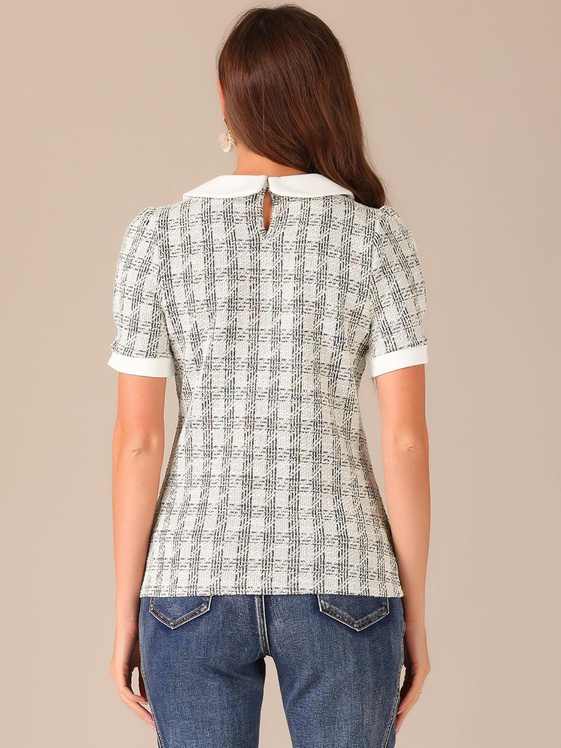 imageAllegra K Halloween Peter Pan Collar Blouse for Womens Button Decor Vintage Tweed Top ShirtBlack White
