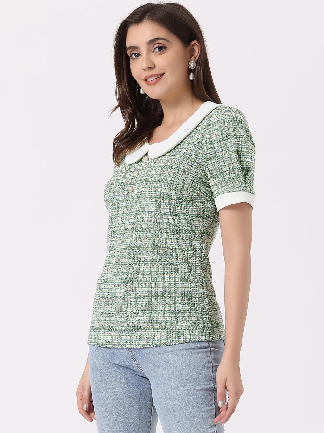 imageAllegra K Halloween Peter Pan Collar Blouse for Womens Button Decor Vintage Tweed Top ShirtGreen