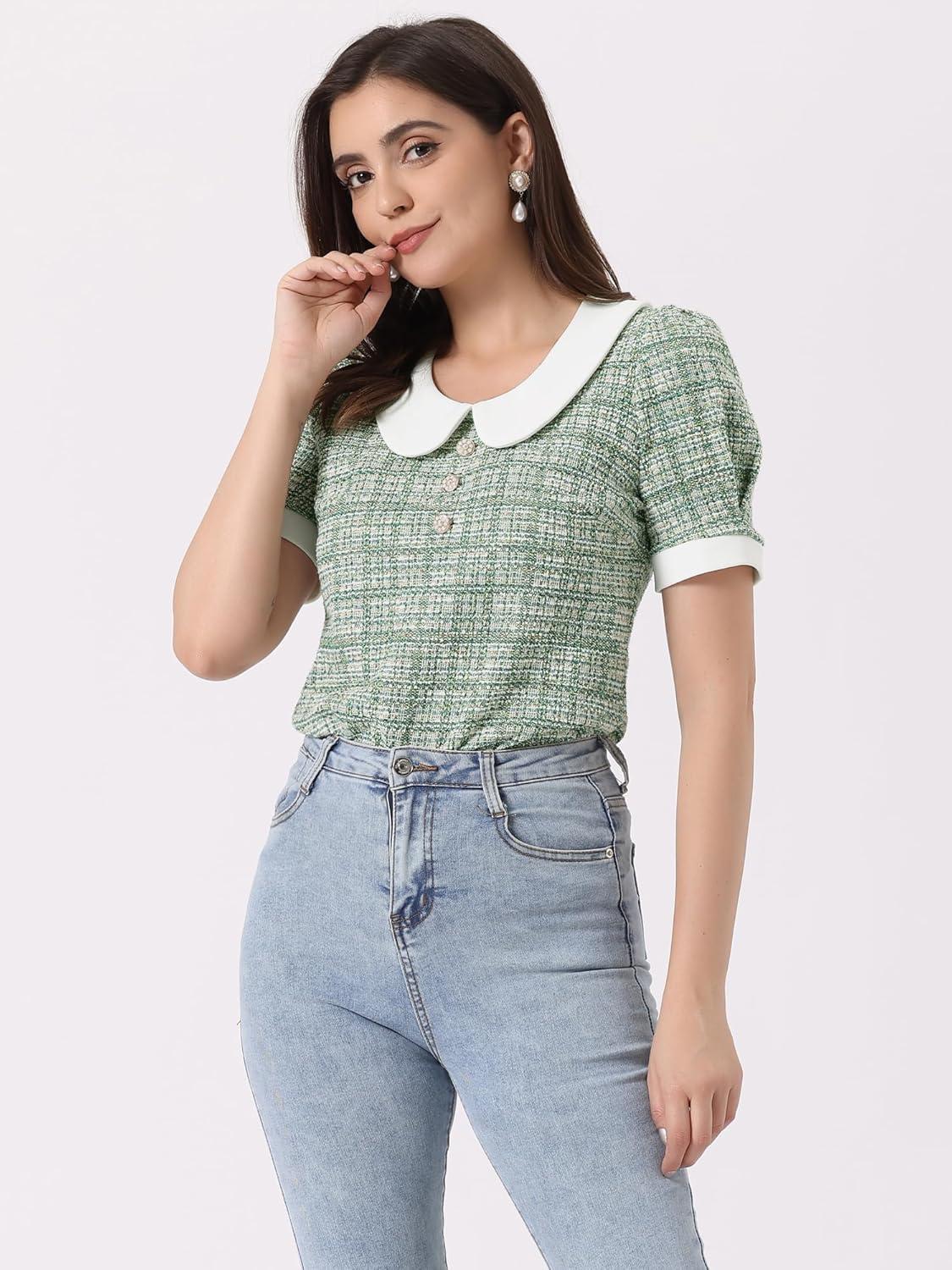 imageAllegra K Halloween Peter Pan Collar Blouse for Womens Button Decor Vintage Tweed Top ShirtGreen