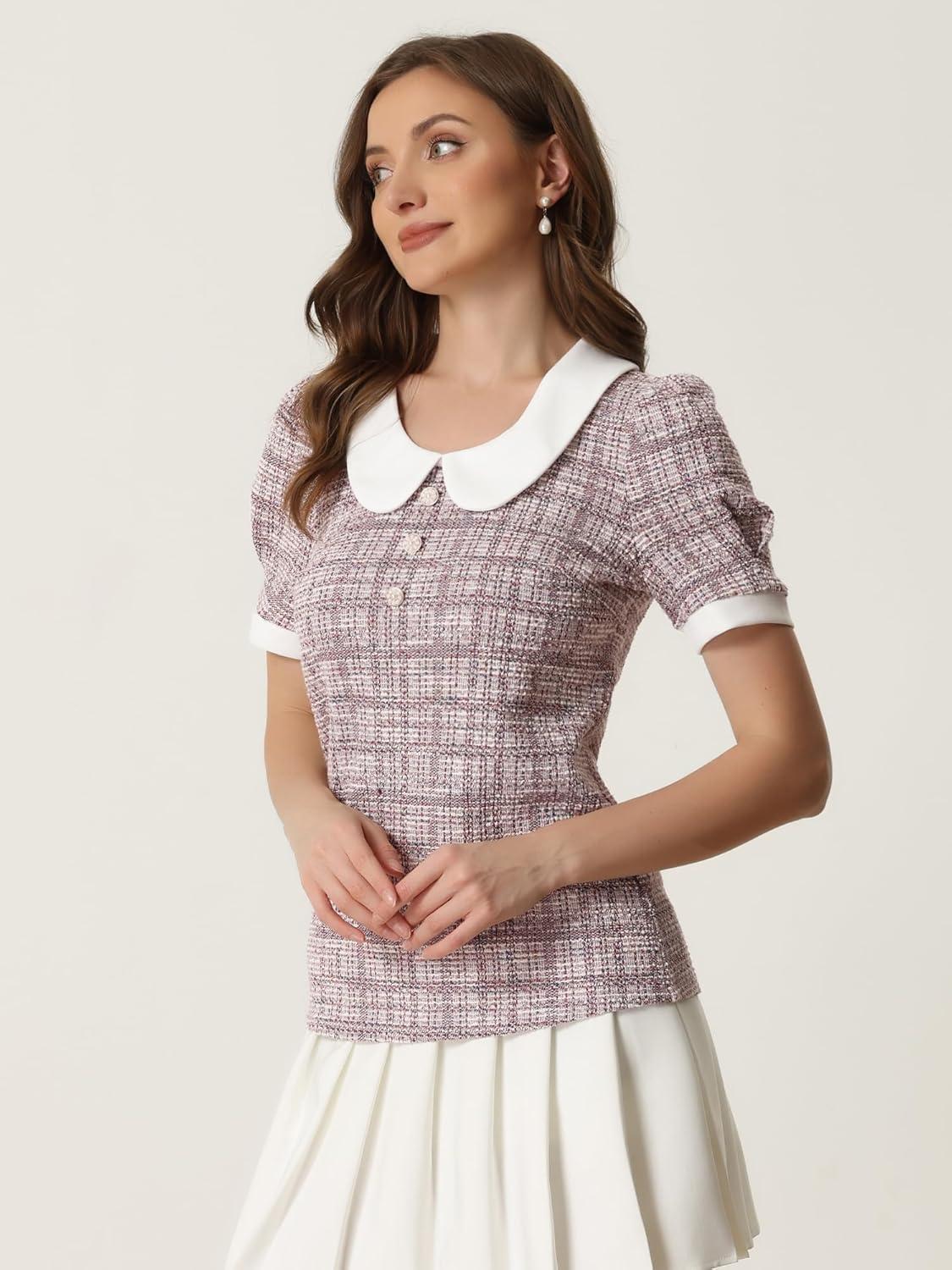 imageAllegra K Halloween Peter Pan Collar Blouse for Womens Button Decor Vintage Tweed Top ShirtPink Grey
