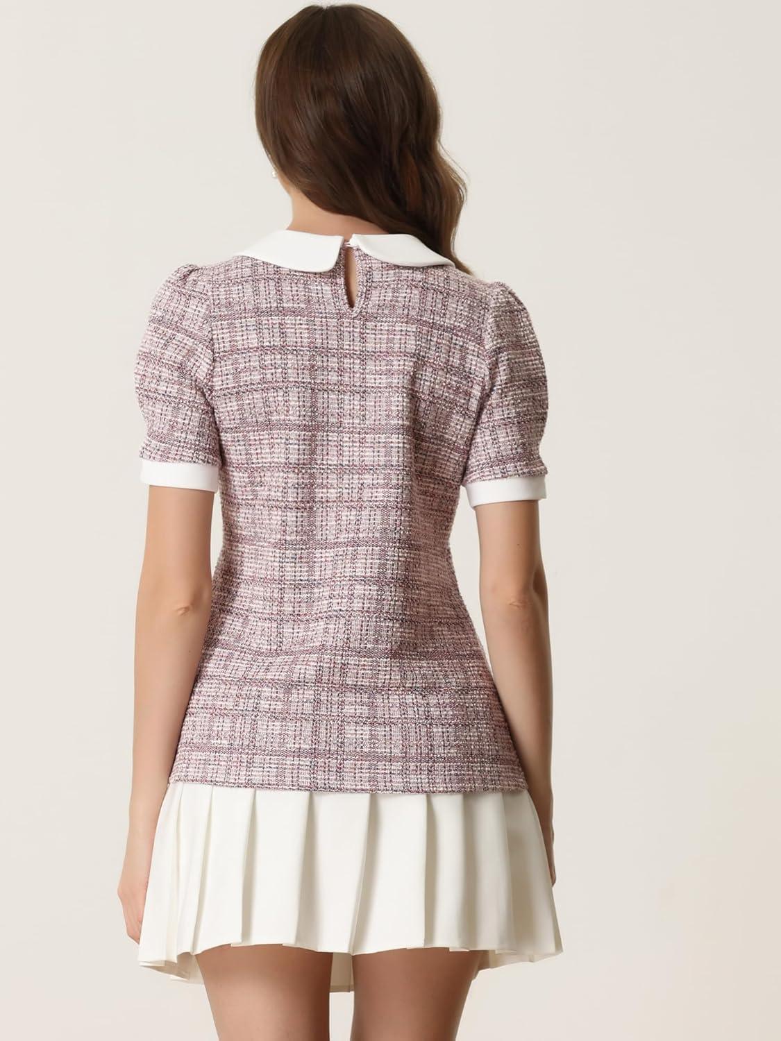 imageAllegra K Halloween Peter Pan Collar Blouse for Womens Button Decor Vintage Tweed Top ShirtPink Grey