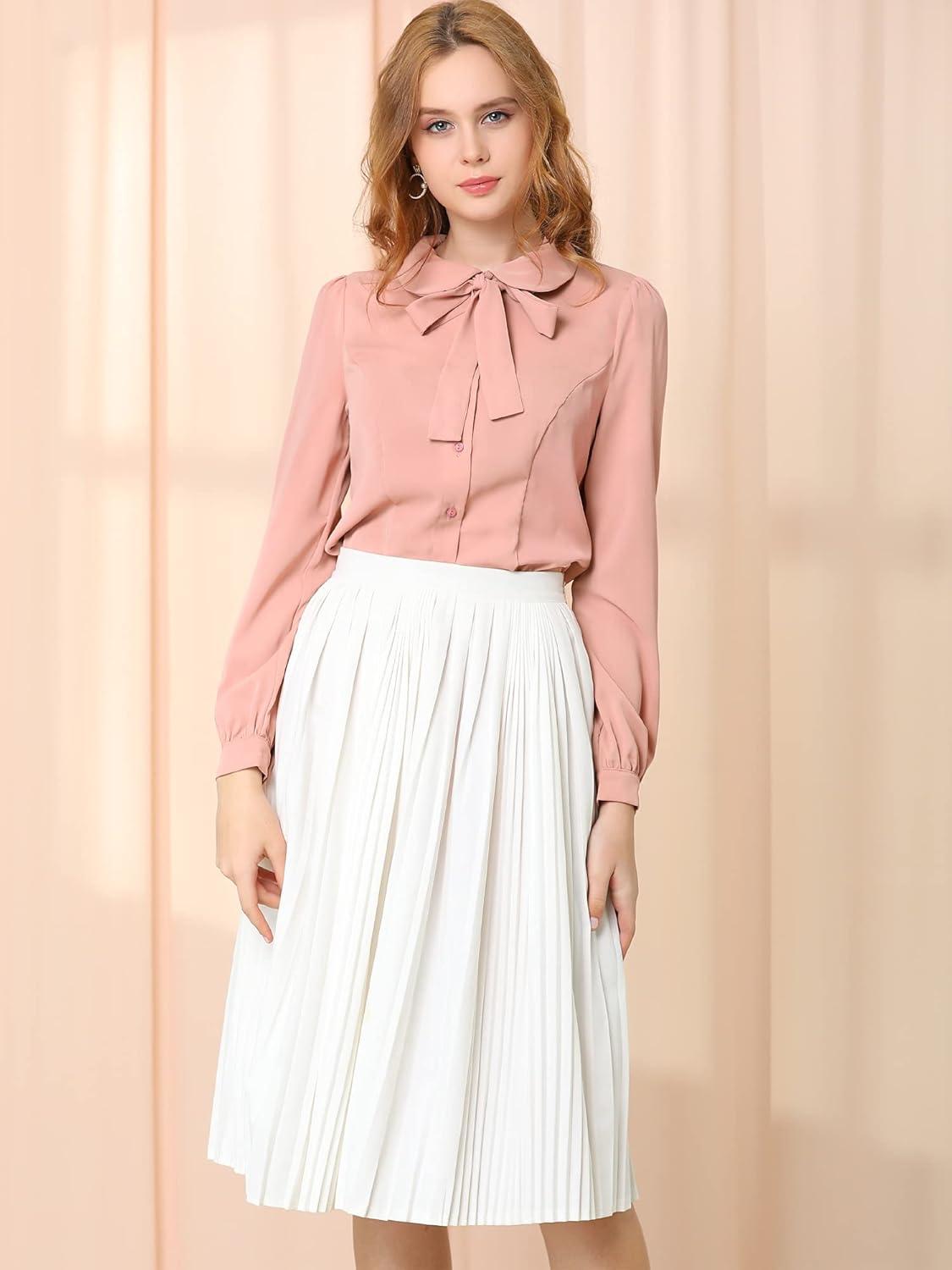 imageAllegra K Womens Vintage Bow Tie Neck Peter Pan Collar Blouse Preppy Chiffon Button Up ShirtCoral Pink