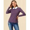 imageAllegra K Womens Contrast Collar Long Sleeves Peter Pan Collar Striped Blouse TopPurple Black