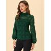 imageAllegra K Womens Floral Lace Top Turtleneck Puff Long Sleeve See Through Sheer BlouseDark Green