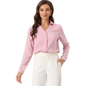imageAllegra K Office Blouse for Womens Point Collar V Neck Button Down Mesh Sleeve Work ShirtPink