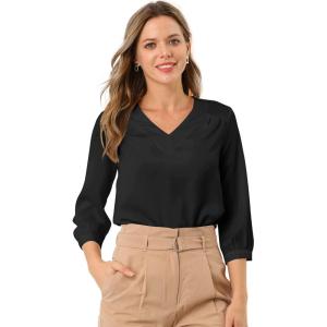 imageAllegra K Womens Casual Dressy Office Blouses 34 Sleeve V Neck Satin ShirtBlack