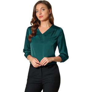 imageAllegra K Womens Casual Dressy Office Blouses 34 Sleeve V Neck Satin ShirtBlue Green